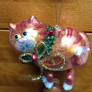 Ginger Orange Cat Glass Christmas Ornament Dangle Legs Glitter